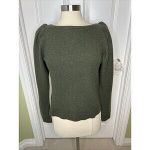Frame 100% Cashmere Boat Neck Puff Shoulder Knit Ribbed Sweater Olive Green M
